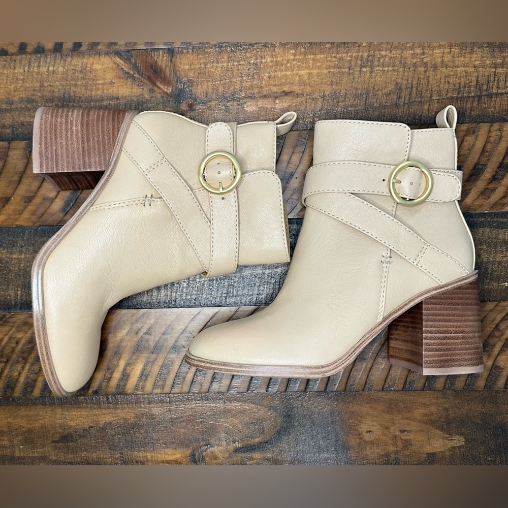 Crown Vintage Cream Ankle Booties with Gold Detail and Chunky Heel